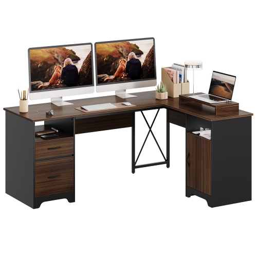 Bureau à domicile en L de 63 po de Bestier avec tiroirs de classement et de rangement et armoire, bureau de direction avec support pour moniteur