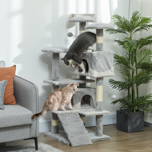 PawHut 53" Cat Tree Tower, Large Cat Condo Furniture Multi-Level Activity Center with Scratching Posts, Perches, Ramp, Dangling Balls - Grey