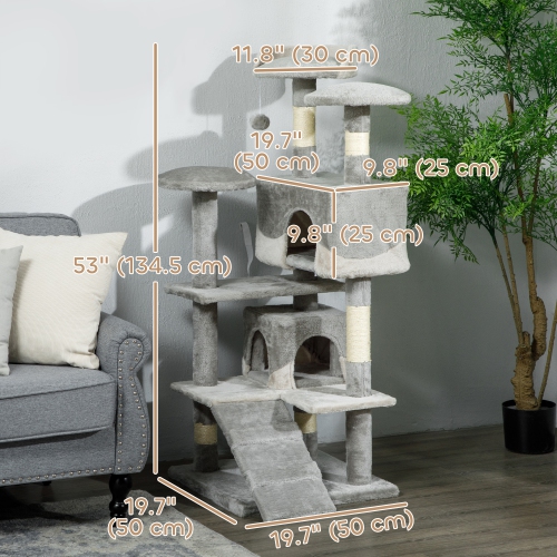 PawHut 53" Cat Tree Tower, Large Cat Condo Furniture Multi-Level Activity Center with Scratching Posts, Perches, Ramp, Dangling Balls - Grey