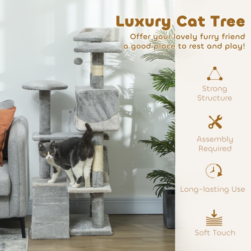 PawHut 53" Cat Tree Tower, Large Cat Condo Furniture Multi-Level Activity Center with Scratching Posts, Perches, Ramp, Dangling Balls - Grey