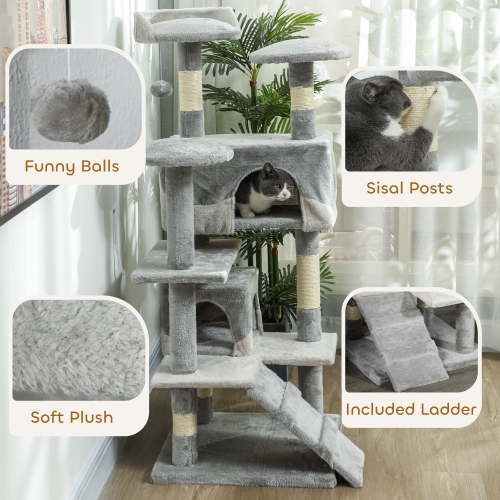 PawHut 53" Cat Tree Tower, Large Cat Condo Furniture Multi-Level Activity Center with Scratching Posts, Perches, Ramp, Dangling Balls - Grey