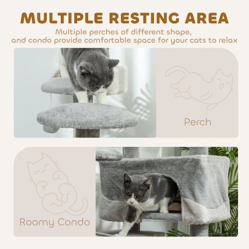 PawHut 53" Cat Tree Tower, Large Cat Condo Furniture Multi-Level Activity Center with Scratching Posts, Perches, Ramp, Dangling Balls - Grey