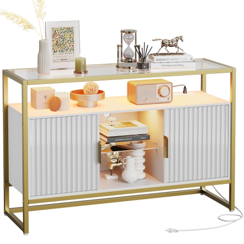 Bestier 45.67" W LED Console Table with Storage, Modern Fluted Glossy Cabinet Credenza, Adjustable Shelves, Entryway Table for Living Room