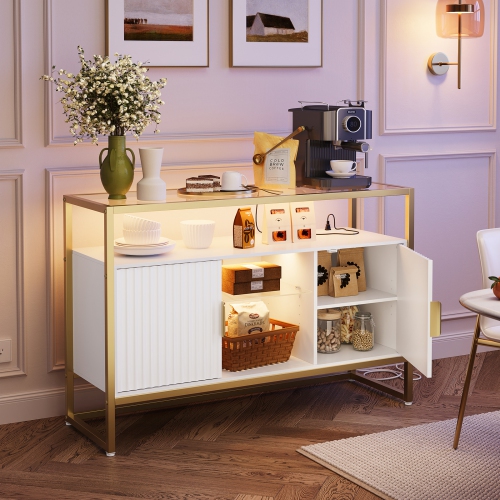 Bestier 45.67" W LED Console Table with Storage, Modern Fluted Glossy Cabinet Credenza, Adjustable Shelves, Entryway Table for Living Room