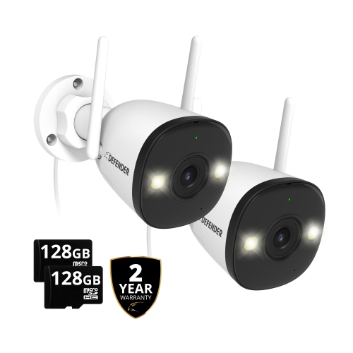 Image 1 de 8.. Caméra de surveillance à brancher Wi-Fi 6 AI POWERED 4K Guard Pro de Defender avec garantie de 2 ans et carte SD 128&nbsp;Go - Paquet de 2