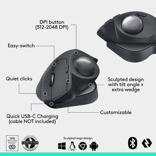 Logitech MX Ergo S Plus Advanced Ergonomic 2048 DPI Wireless Trackball Mouse - Graphite