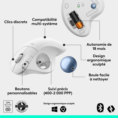 Souris ergonomique sans fil à boule de commande 2000 ppp Ergo M575S de Logitech - Blanc cassé