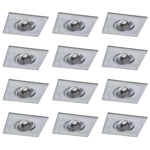 12 Pack Square 3 inch Satin Chrome LED Recessed Downlight – 3000K, Dimmable, IC & Wet Location Rated, 36° Beam, 5-Year Warranty