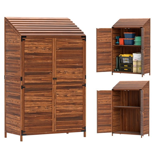 Image 1 de 9.. Armoire de rangement extérieure Outsunny, grande remise de jardin en bois à 5.7&nbsp;pi avec portes doubles et tablettes, remise à outils pour