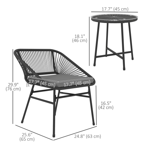 Outsunny 3 Pieces Wicker Patio Furniture Set, Acapulco Chair Set with Glass Top Coffee Table and Cushions, Bistro Table Set Outdoor Patio