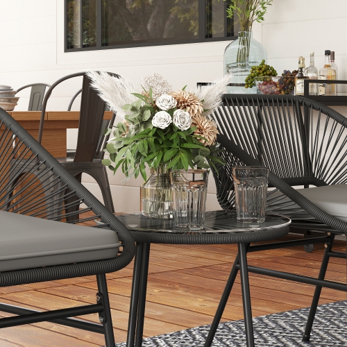Outsunny 3 Pieces Wicker Patio Furniture Set, Acapulco Chair Set with Glass Top Coffee Table and Cushions, Bistro Table Set Outdoor Patio