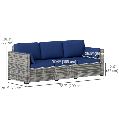 Sofa d'extérieur à trois places Outsunny avec coussins, canapé de patio en osier en rotin de polyéthylène avec coussins pour le jardin, la piscine,