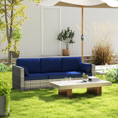 Sofa d'extérieur à trois places Outsunny avec coussins, canapé de patio en osier en rotin de polyéthylène avec coussins pour le jardin, la piscine,