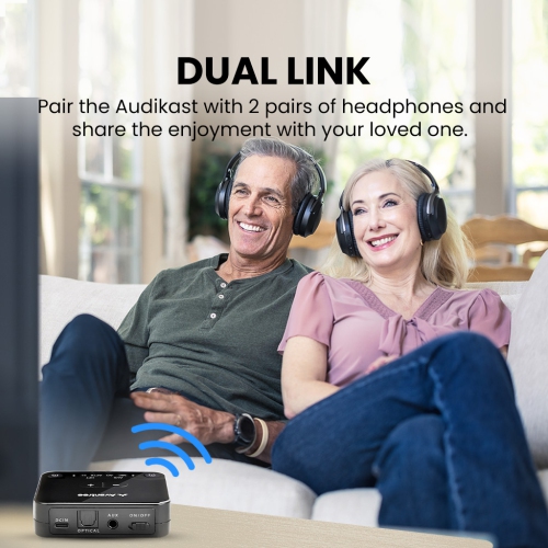 Avantree Audikast 3 - Bluetooth 5.3 Transmitter for TV with Optical or AUX Audio Output Port, Dual Link for 2 Headphones, and 100ft Long Range