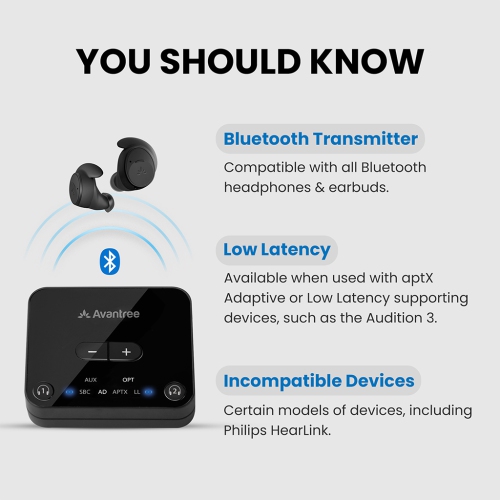 Avantree Audikast 3 - Bluetooth 5.3 Transmitter for TV with Optical or AUX Audio Output Port, Dual Link for 2 Headphones, and 100ft Long Range