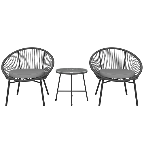 OUTSUNNY  3 Piece Wicker Patio Furniture Set, Acapulco Chair Set w Soft Seat Cushions, Tempered Glass Tabletop, Rattan Bistro Set for Garden