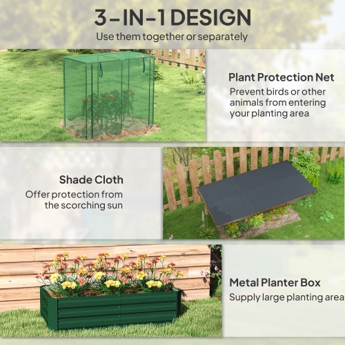 Outsunny 4.1 x 2.1ft Galvanized Raised Garden Bed with Cover, Metal Planter Box with Crop Cage Plant Protection Net and Shade Cloth, for Vegetables,