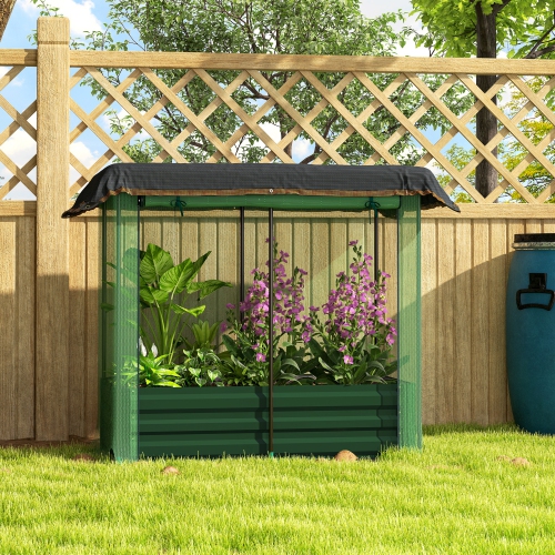 Outsunny 4.1 x 2.1ft Galvanized Raised Garden Bed with Cover, Metal Planter Box with Crop Cage Plant Protection Net and Shade Cloth, for Vegetables,