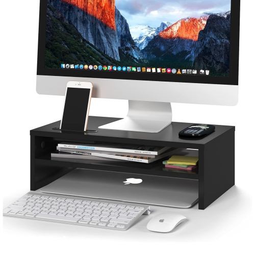 NIERBO 2 Tiers Wood Monitor Riser Stand with Storage Organizer, Desktop Ergonomic Monitor Stand Riser with Cellphone Holder and Cable Management, 21