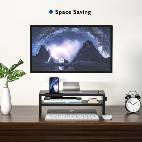 NIERBO 2 Tiers Wood Monitor Riser Stand with Storage Organizer, Desktop Ergonomic Monitor Stand Riser with Cellphone Holder and Cable Management, 21