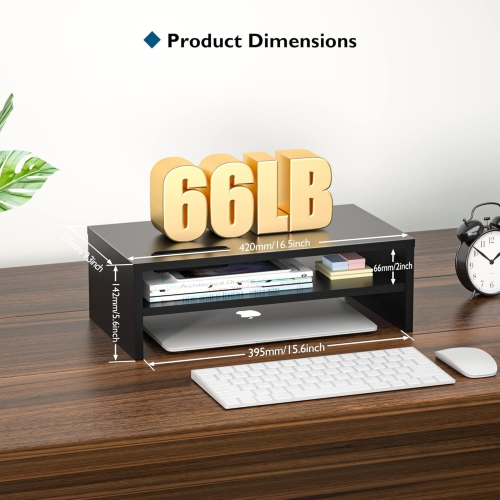 NIERBO 2 Tiers Wood Monitor Riser Stand with Storage Organizer, Desktop Ergonomic Monitor Stand Riser with Cellphone Holder and Cable Management, 21