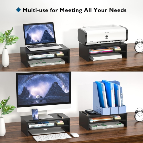 NIERBO 2 Tiers Wood Monitor Riser Stand with Storage Organizer, Desktop Ergonomic Monitor Stand Riser with Cellphone Holder and Cable Management, 21