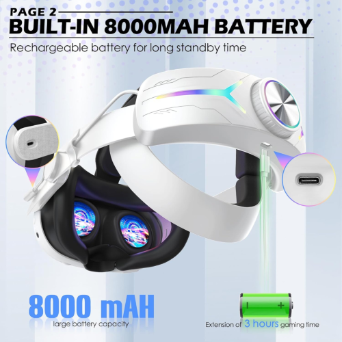 Head Strap Compatible for Quest 3S/Quest 3, with 8000mAh Battery Pack Extend Gaming Time Colorful RGB Lights Adjustable Elite Strap Replace