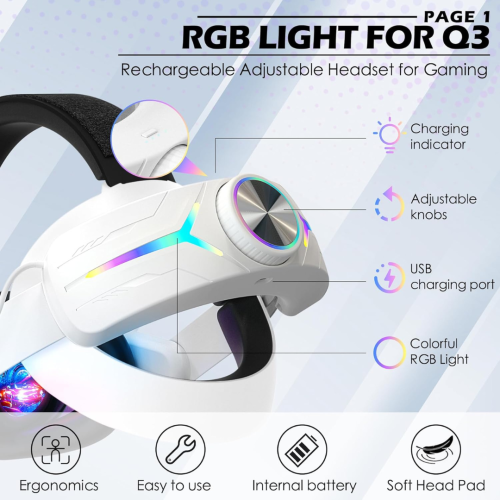 Head Strap Compatible for Quest 3S/Quest 3, with 8000mAh Battery Pack Extend Gaming Time Colorful RGB Lights Adjustable Elite Strap Replace