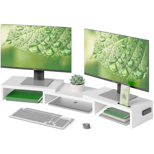 NIERBO Dual Monitor Stand with Smartphone Holder, Adjustable Length & Swivel Angle Wooden Desktop Organizer Stand PC Riser for PC Monitor Laptop