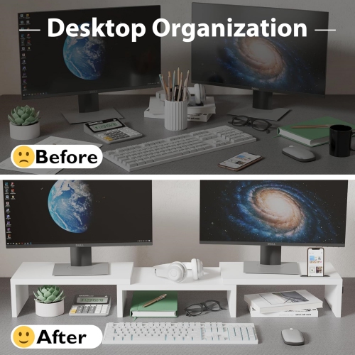 NIERBO Dual Monitor Stand with Smartphone Holder, Adjustable Length & Swivel Angle Wooden Desktop Organizer Stand PC Riser for PC Monitor Laptop