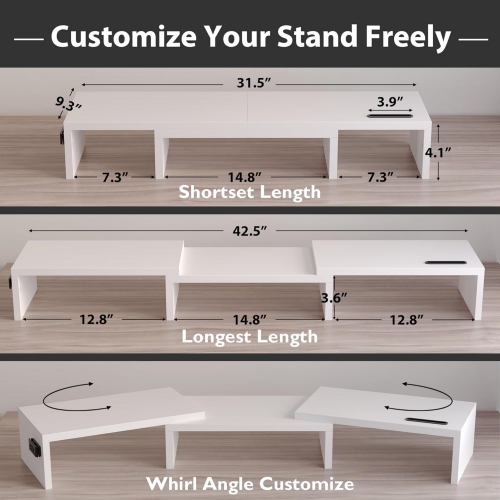 NIERBO Dual Monitor Stand with Smartphone Holder, Adjustable Length & Swivel Angle Wooden Desktop Organizer Stand PC Riser for PC Monitor Laptop