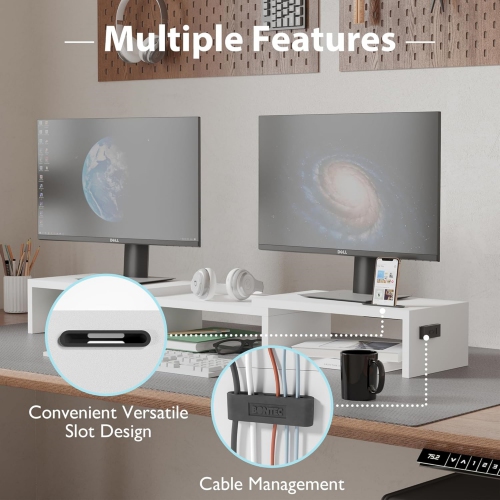 NIERBO Dual Monitor Stand with Smartphone Holder, Adjustable Length & Swivel Angle Wooden Desktop Organizer Stand PC Riser for PC Monitor Laptop