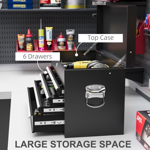 HOMCOM 6 Drawer Lockable Tool Box with Top Case, Ball Bearing Slides, 24" Portable Tool Chest for Garage, Household and Warehouse, Black