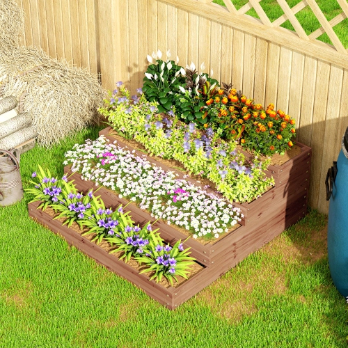 Outsunny 4-Tier Raised Garden Bed, 45" x 45" x 18" Wooden Elevated Planter Box Kit with Liner, Raised Flower Bed for Vegetables, Flowers, Herbs, Dark