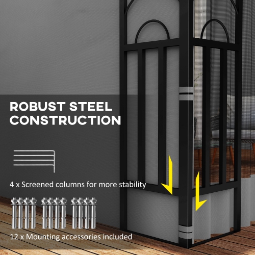 Auvent en pergola Outsunny de 10 x 13 pi avec 2 rideaux et 2 moustiquaires, abri pare-soleil extérieur pour abri de jardin mural, résistant aux