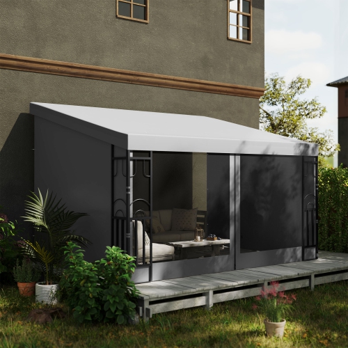 Auvent en pergola Outsunny de 10 x 13 pi avec 2 rideaux et 2 moustiquaires, abri pare-soleil extérieur pour abri de jardin mural, résistant aux