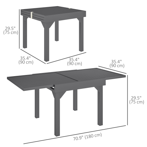 Outsunny Extendable Aluminium Outdoor Dining Table for 4-6 Person, 35"-71" Slatted Metal Patio Table for Garden, Backyard, Deck, Porch, Lawn, Grey