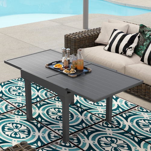 Outsunny Extendable Aluminium Outdoor Dining Table for 4-6 Person, 35"-71" Slatted Metal Patio Table for Garden, Backyard, Deck, Porch, Lawn, Grey