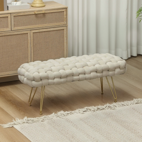 HOMCOM Woven Upholstered Bedroom Entryway Bench, 39" Modern Velvet End of Bed Bench with Gold Hairpin Legs for Hallway, Living Room, Cream White