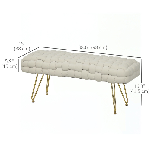 HOMCOM Woven Upholstered Bedroom Entryway Bench, 39" Modern Velvet End of Bed Bench with Gold Hairpin Legs for Hallway, Living Room, Cream White