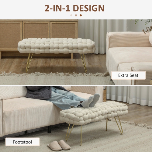 HOMCOM Woven Upholstered Bedroom Entryway Bench, 39" Modern Velvet End of Bed Bench with Gold Hairpin Legs for Hallway, Living Room, Cream White