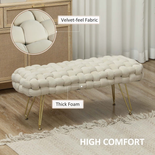 HOMCOM Woven Upholstered Bedroom Entryway Bench, 39" Modern Velvet End of Bed Bench with Gold Hairpin Legs for Hallway, Living Room, Cream White