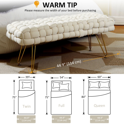 HOMCOM Woven Upholstered Bedroom Entryway Bench, 39" Modern Velvet End of Bed Bench with Gold Hairpin Legs for Hallway, Living Room, Cream White