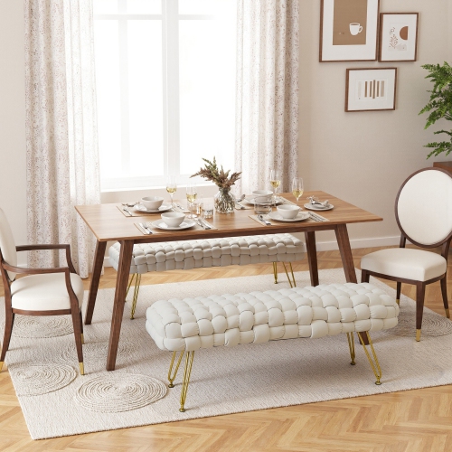 HOMCOM Woven Upholstered Bedroom Entryway Bench, 39" Modern Velvet End of Bed Bench with Gold Hairpin Legs for Hallway, Living Room, Cream White