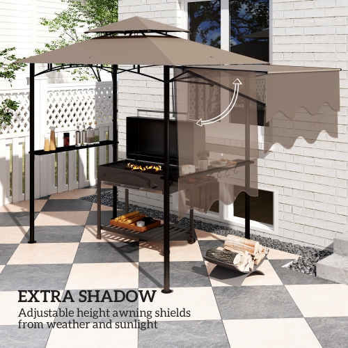 Outsunny 8' x 5' Grill Gazebo, Double Tiered Outdoor BBQ Gazebo with Side Awning, 2 Side Shelves and 6 Hooks, Barbecue Grill Gazebo Shelter for