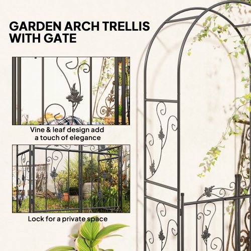 Outsunny 7ft Steel Garden Arch with Gate, Garden Arbor Trellis for Climbing Plants, Roses, Vines, Wedding Arch for Outdoor, Garden, Lawn, Backyard,