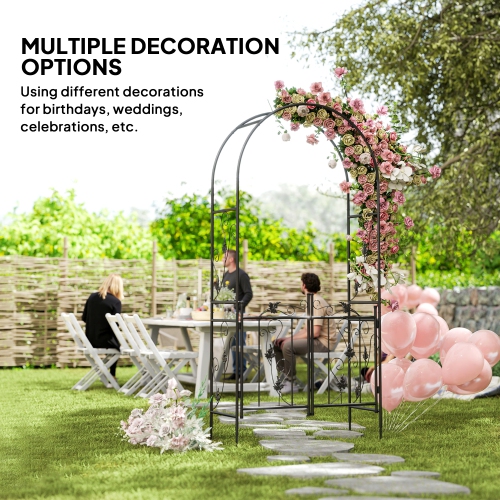 Outsunny 7ft Steel Garden Arch with Gate, Garden Arbor Trellis for Climbing Plants, Roses, Vines, Wedding Arch for Outdoor, Garden, Lawn, Backyard,