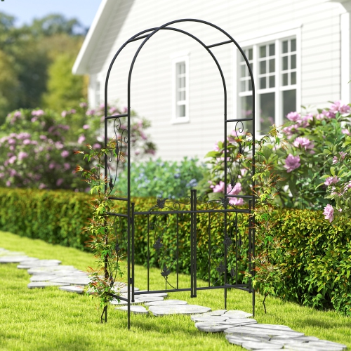 Outsunny 7ft Steel Garden Arch with Gate, Garden Arbor Trellis for Climbing Plants, Roses, Vines, Wedding Arch for Outdoor, Garden, Lawn, Backyard,