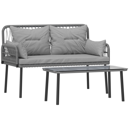 OUTSUNNY  2 Pieces Wicker Patio Furniture Set, Small Patio Set \w Outdoor Loveseat, Glass Top Coffee Table, Rattan Outdoor Furniture \w Cushions For