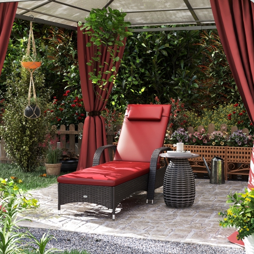 Outsunny Wicker Chaise Lounge, Outdoor Lounge Chair, PE Rattan Patio Sun lounger with Head-rest, 5-Level Height Adjust Backrest, Cushion & Wheels,